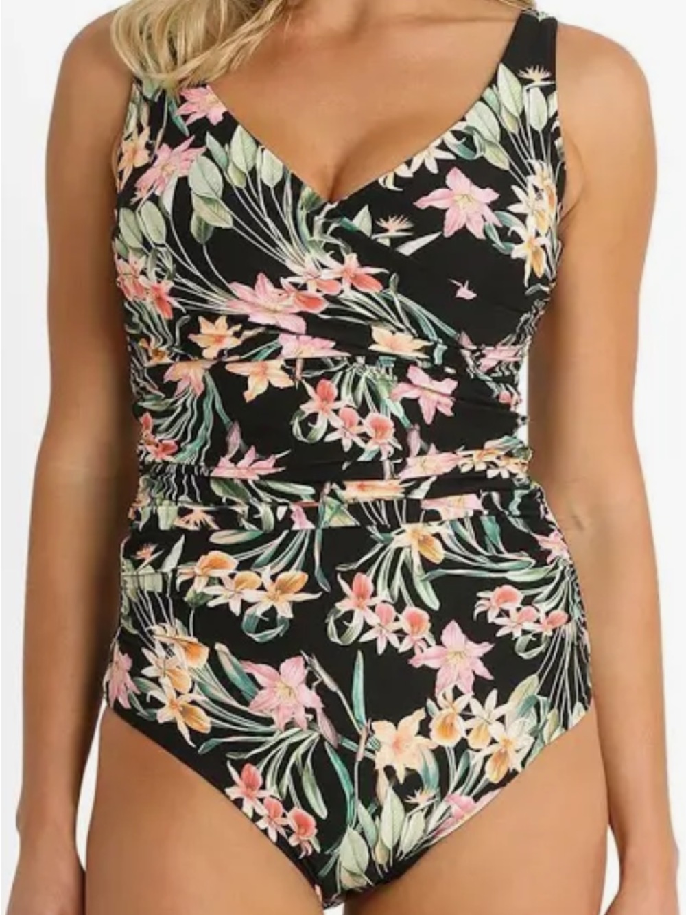 Floral Black Ruched One-Piece Swimsuit - Pink & Green Print